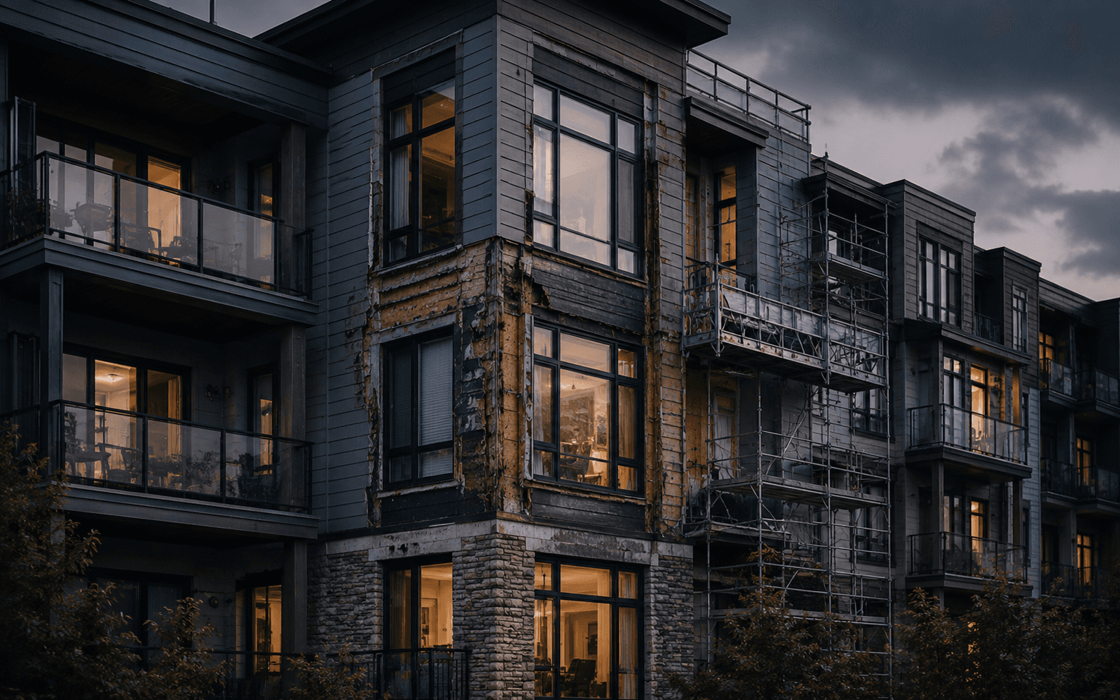 Condo building exterior undergoing envelope repair