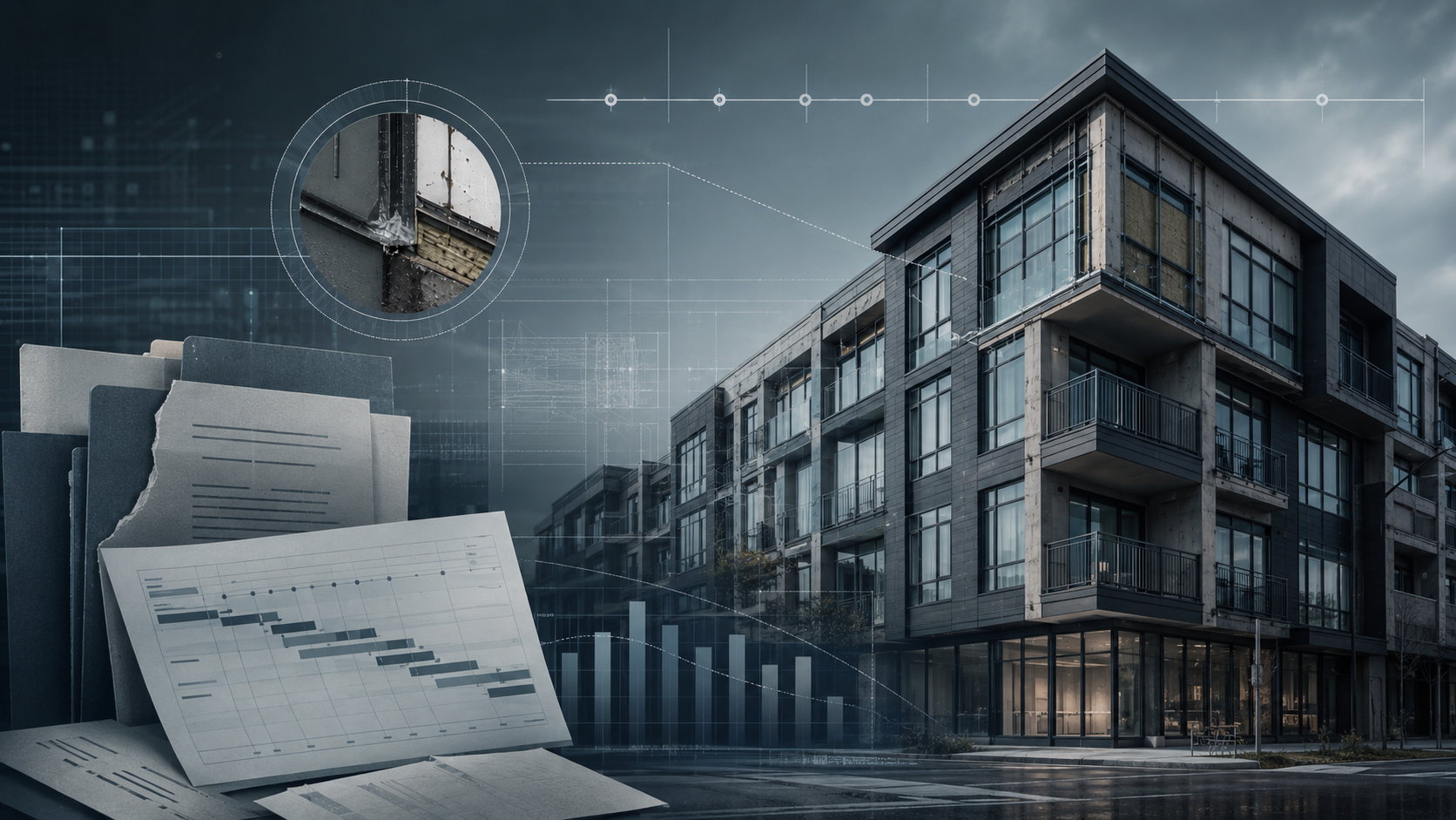 Commercial repair scene with rent and lease documents for loss-of-rents analysis.